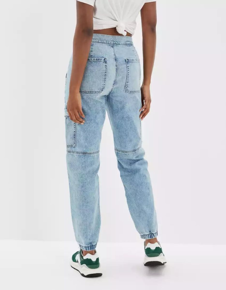 Jean American Eagle AE Super High-Waisted Cargo Denim Jogger Bleu Clair Femme | DLP-30344089